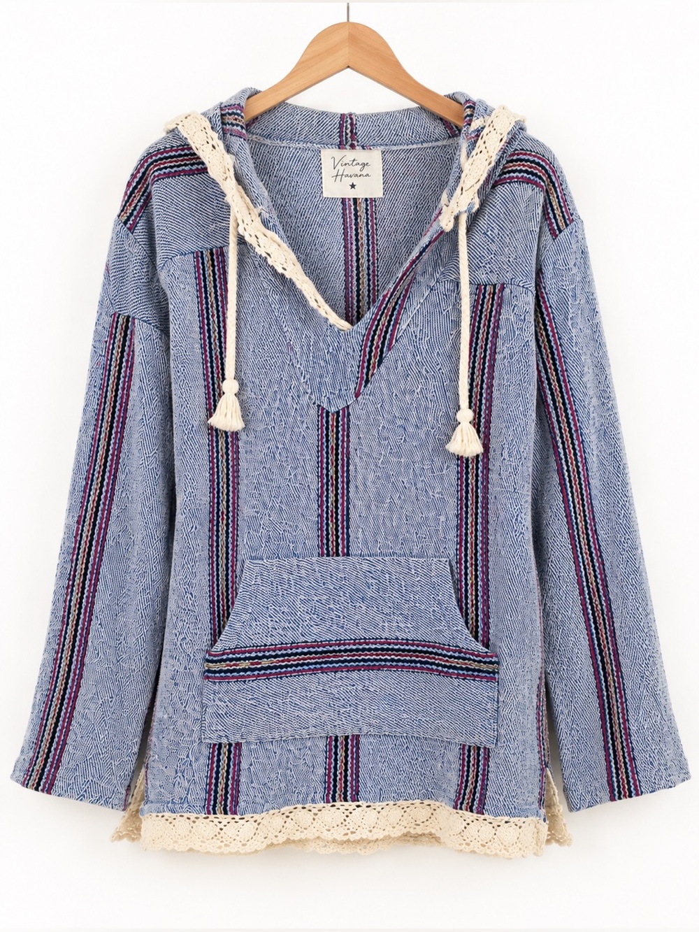 Vintage Havana Blue Striped Crochet-Trim Hooded Pullover